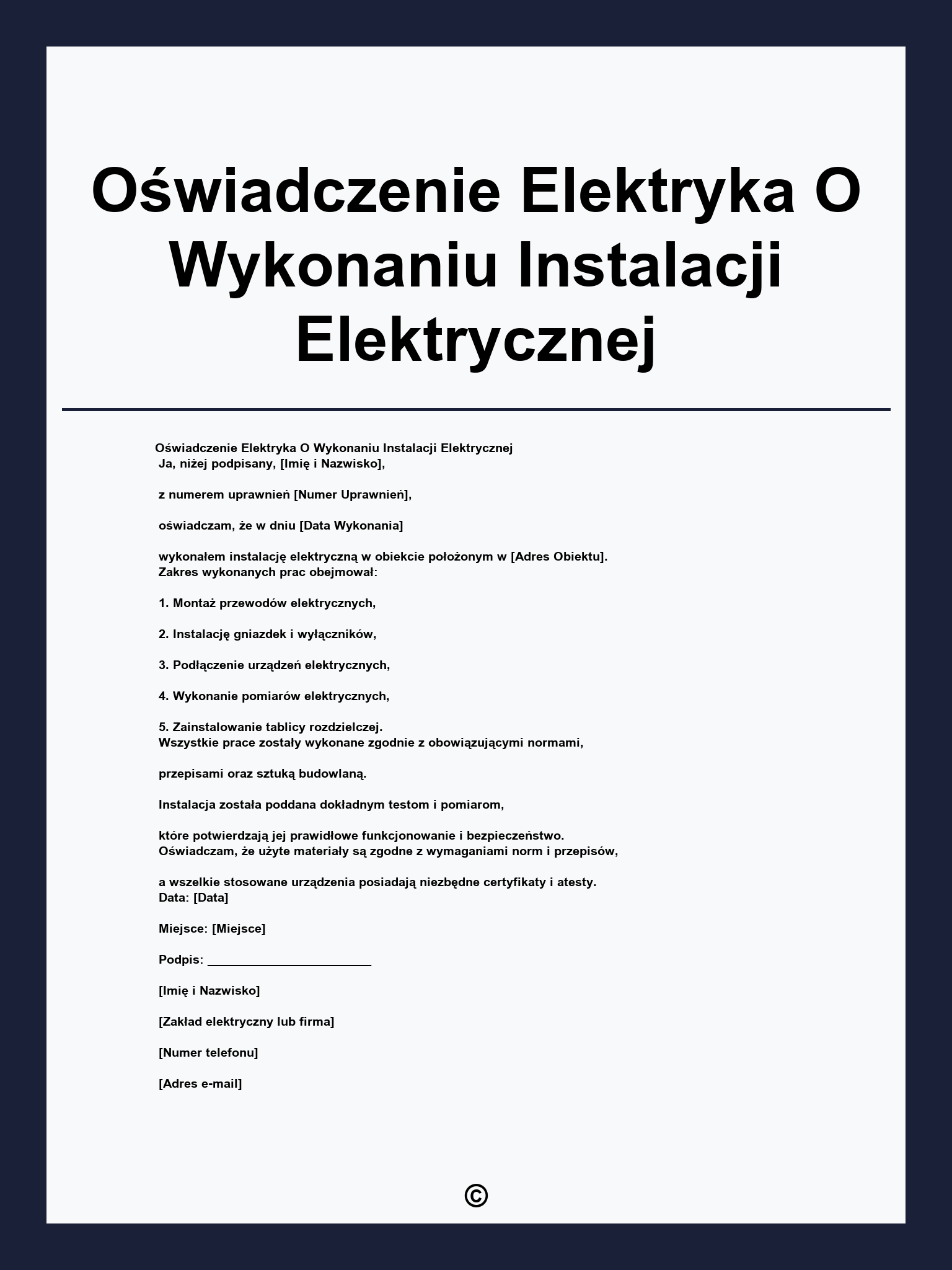 Oświadczenie Elektryka O Wykonaniu Instalacji Elektrycznej