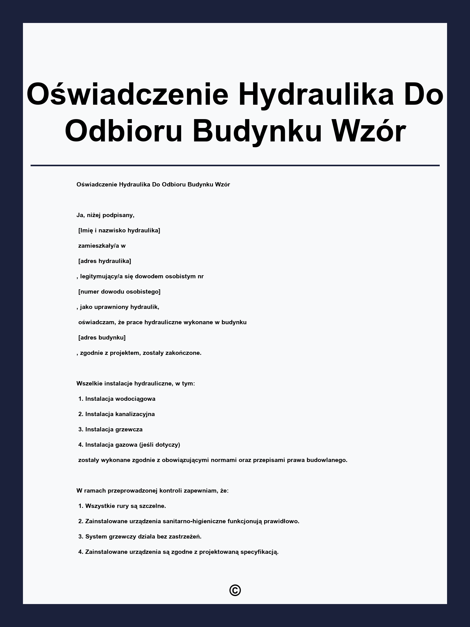 Oświadczenie Hydraulika Do Odbioru Budynku Wzór