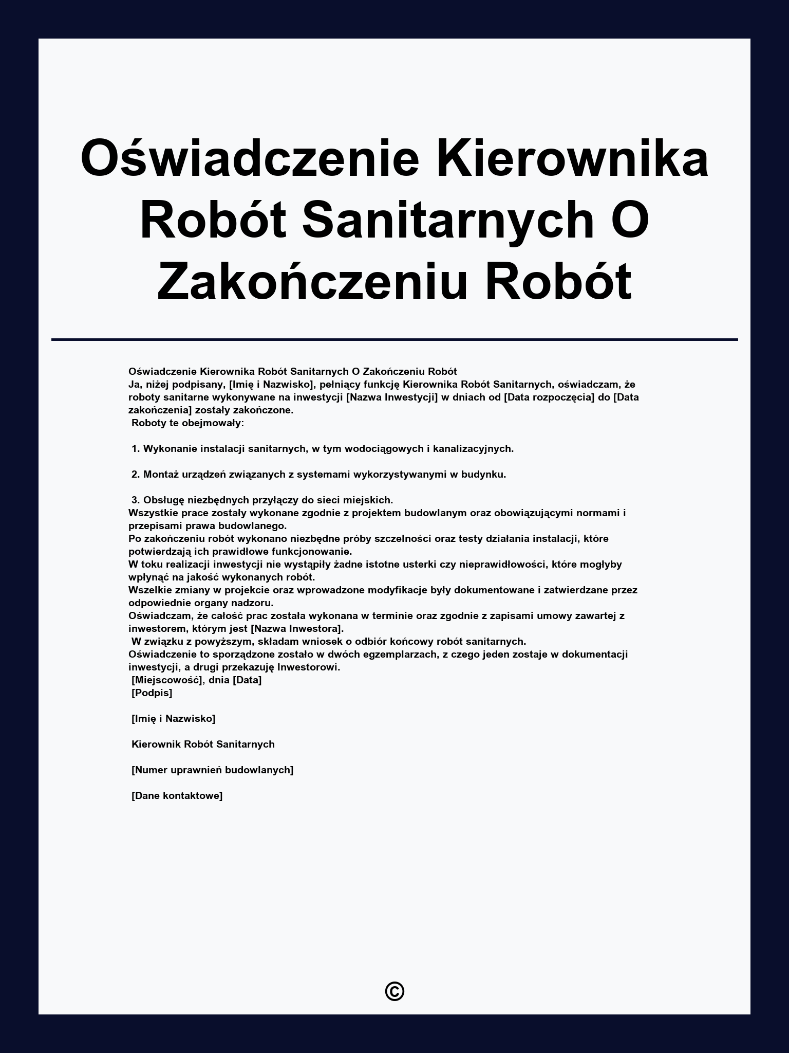 Oświadczenie Kierownika Robót Sanitarnych O Zakończeniu Robót