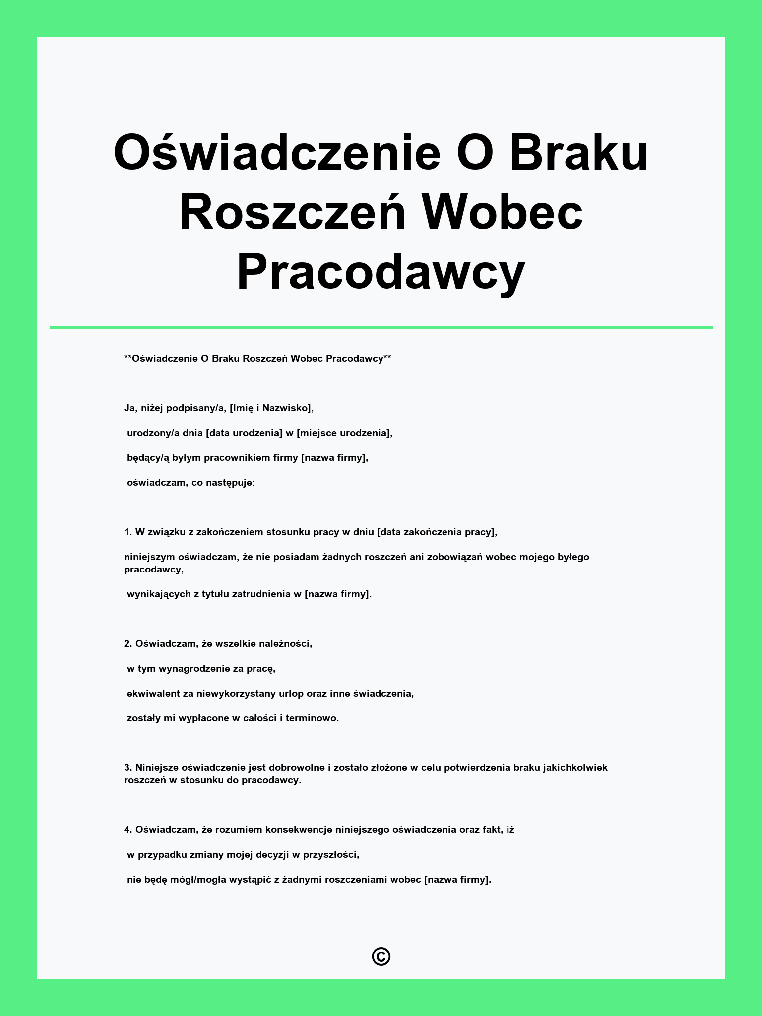 Oświadczenie O Braku Roszczeń Wobec Pracodawcy