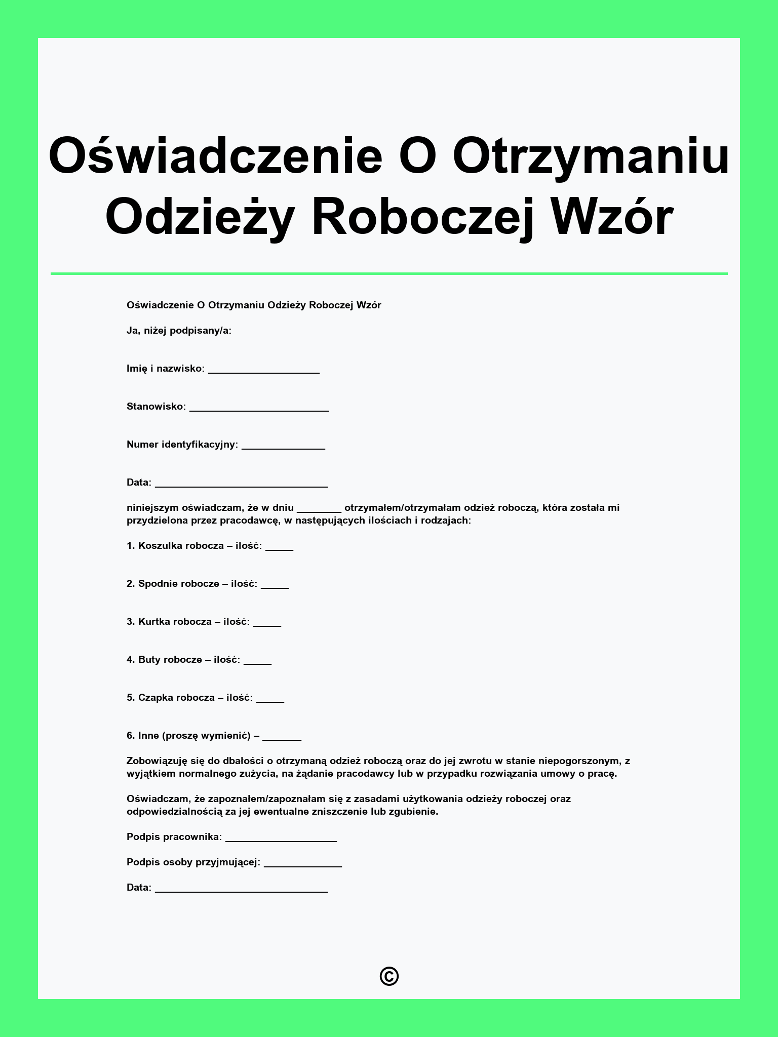 Oświadczenie O Otrzymaniu Odzieży Roboczej Wzór