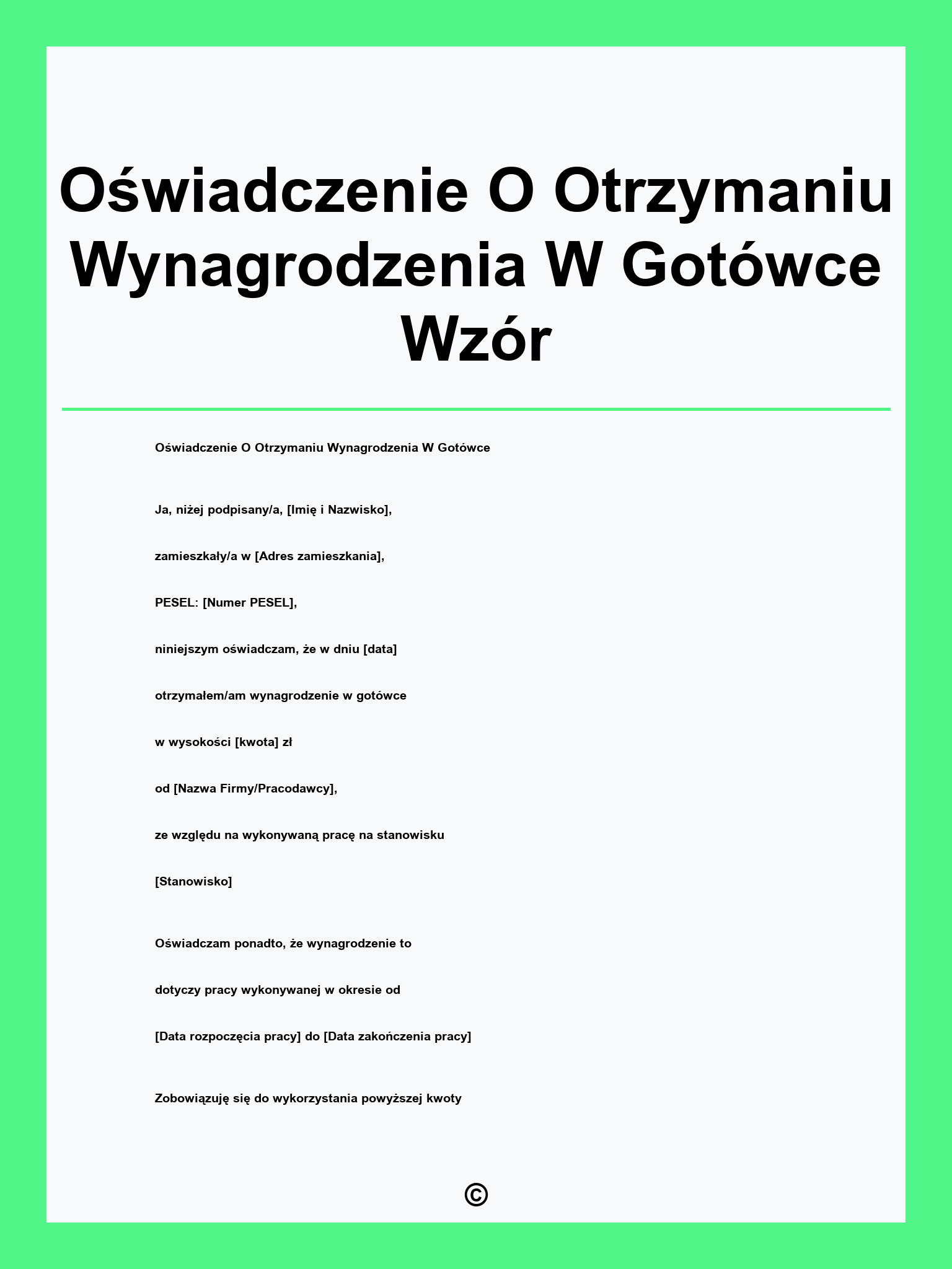 Oświadczenie O Otrzymaniu Wynagrodzenia W Gotówce Wzór