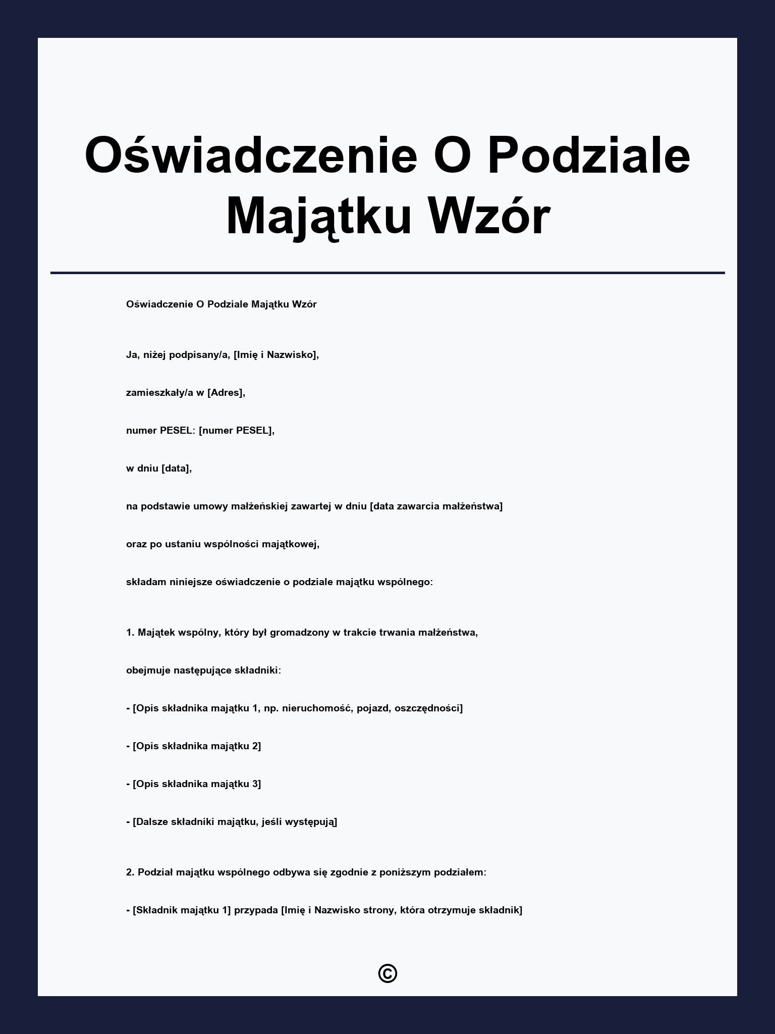 Oświadczenie O Podziale Majątku Wzór