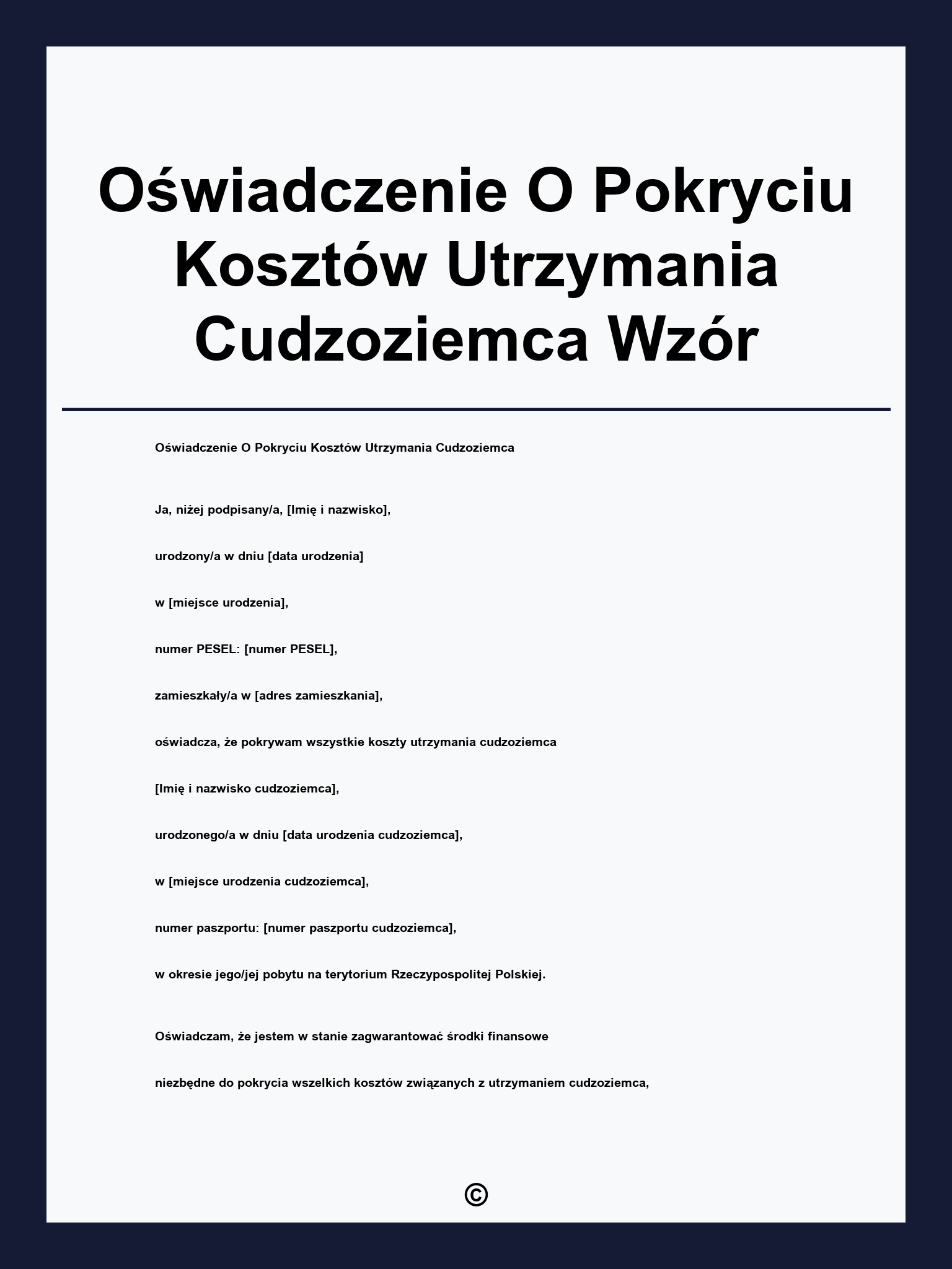 Oświadczenie O Pokryciu Kosztów Utrzymania Cudzoziemca Wzór