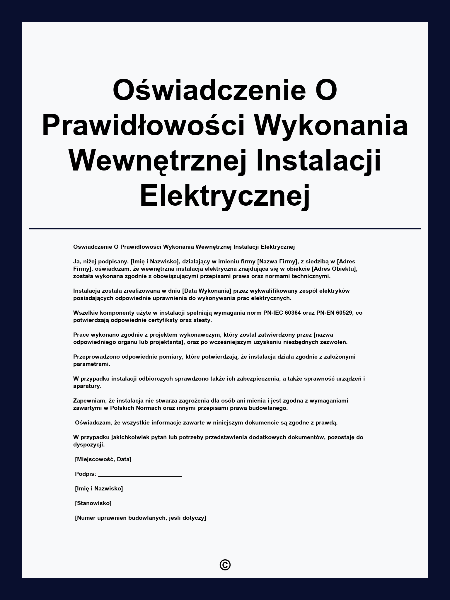 Oświadczenie O Prawidłowości Wykonania Wewnętrznej Instalacji Elektrycznej