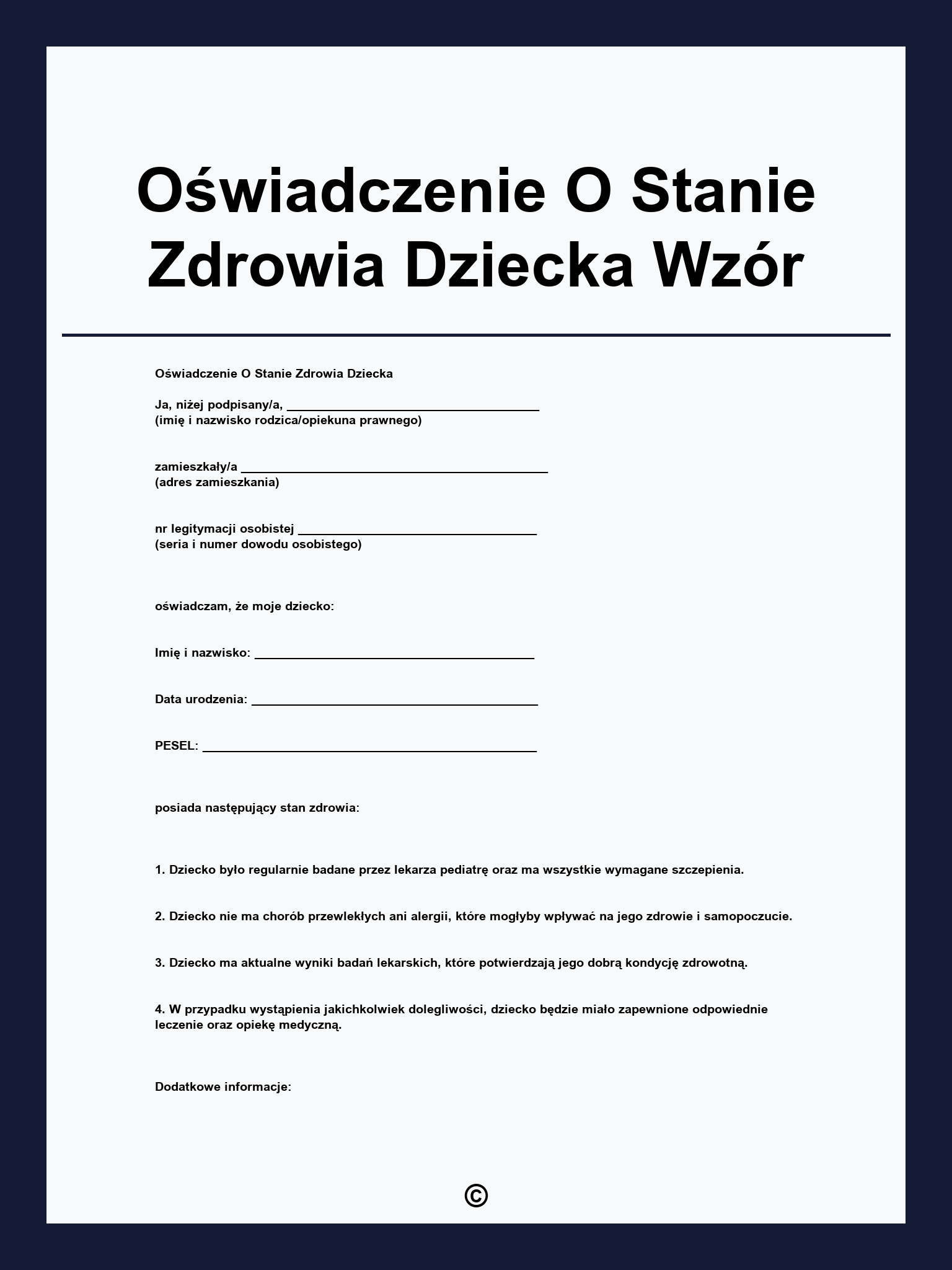 Oświadczenie O Stanie Zdrowia Dziecka Wzór