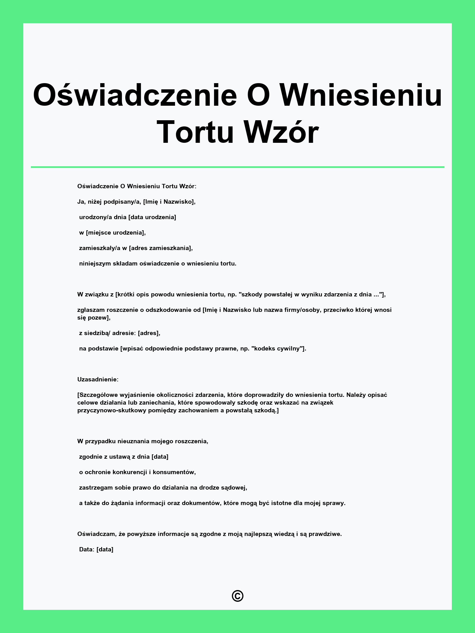 Oświadczenie O Wniesieniu Tortu Wzór