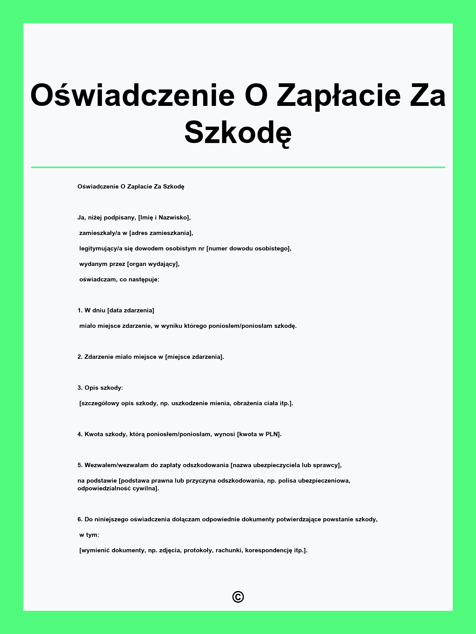 Oświadczenie O Zapłacie Za Szkodę