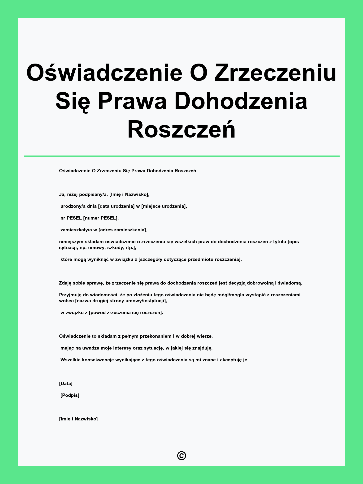 Oświadczenie O Zrzeczeniu Się Prawa Dohodzenia Roszczeń