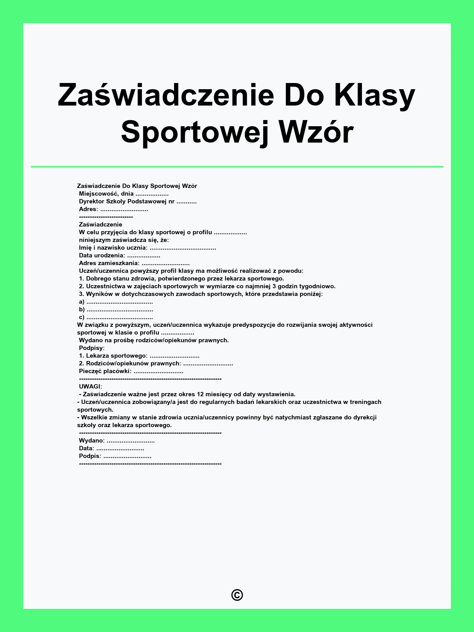 Zaświadczenie Do Klasy Sportowej Wzór