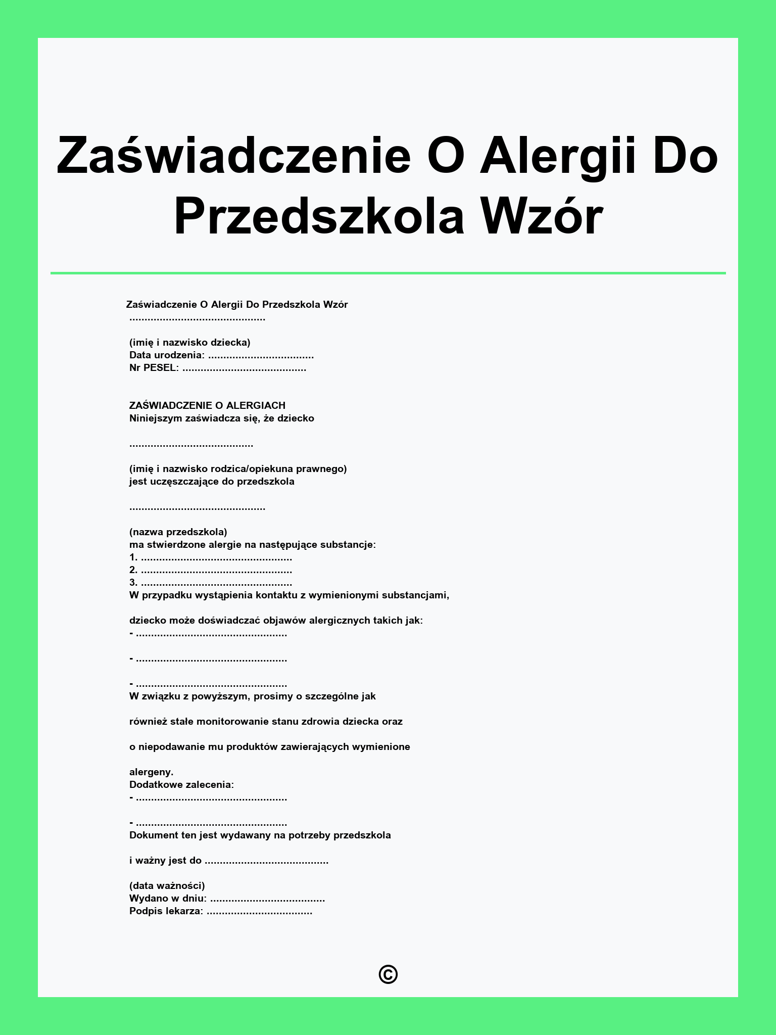 Zaświadczenie O Alergii Do Przedszkola Wzór