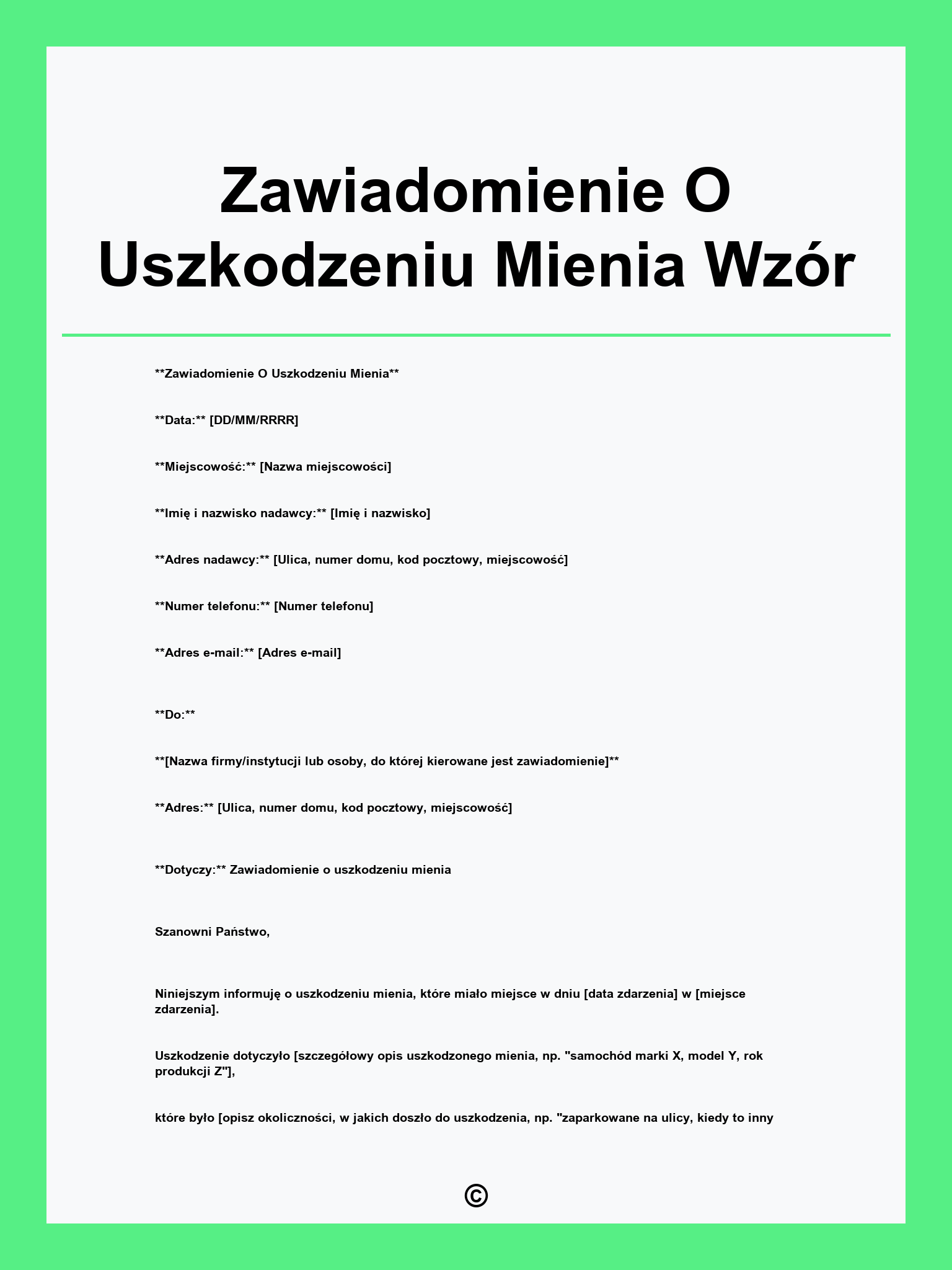 Zawiadomienie O Uszkodzeniu Mienia Wzór