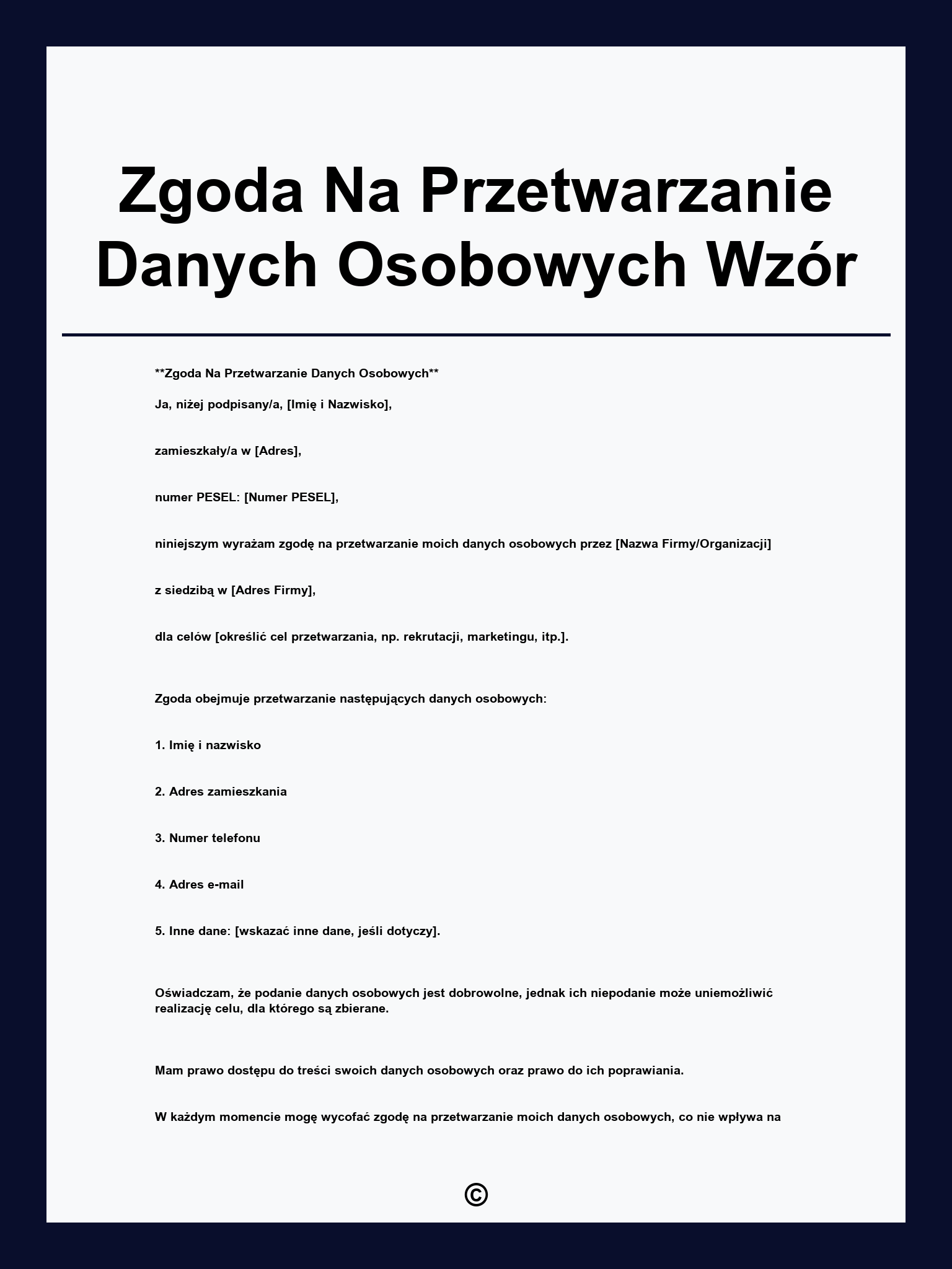 Zgoda Na Przetwarzanie Danych Osobowych Wzór