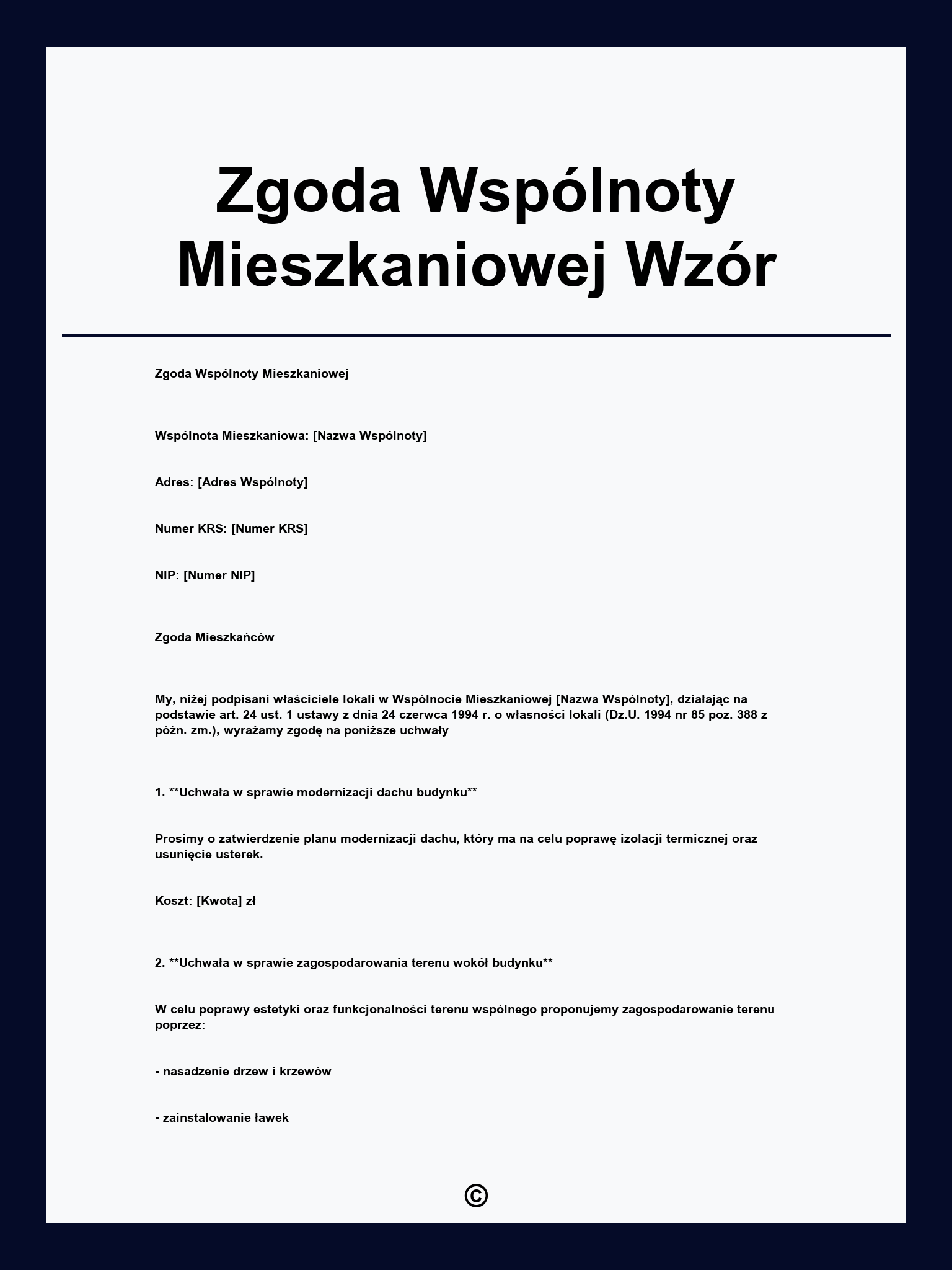 Zgoda Wspólnoty Mieszkaniowej Wzór